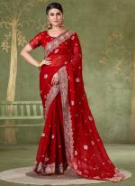 Chiffon Red Wedding Wear Embroidery Work Saree